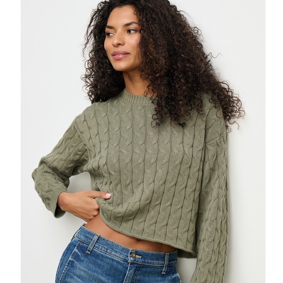 Velvet by Graham and Spencer April Cotton Cable Sweater in Army Green size XS - Picture 2 of 10